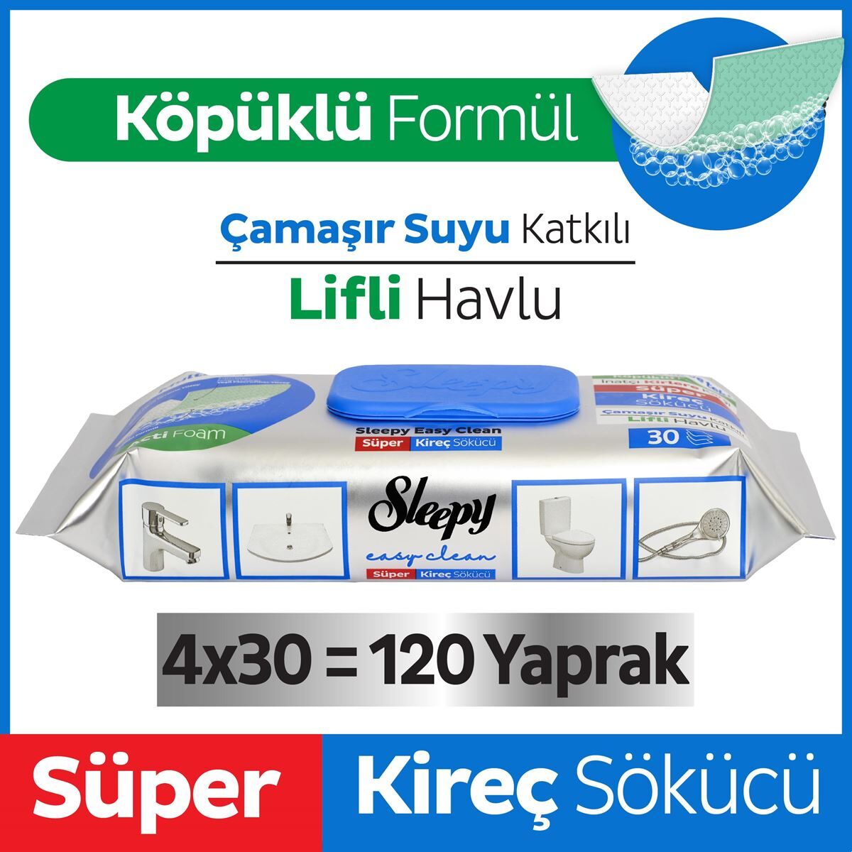 Sleepy Easy Clean Süper Kireç Sökücü Yüzey Temizlik Mendili 120 Yaprak