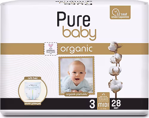 Pure Baby Organik Pamuklu 3 Numara Midi 28'li Bebek Bezi
